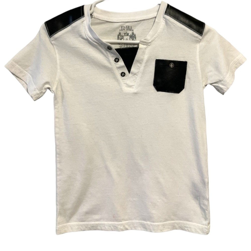 Faze 1 New York Boys Two Tone T-Shirt Faux Leather Pocket Top Size 6 White